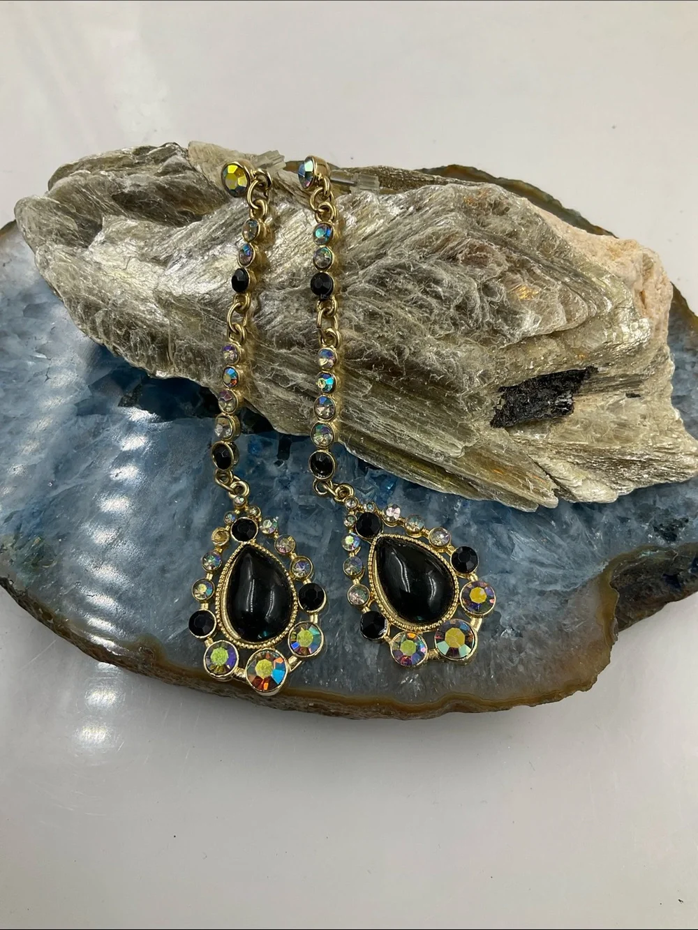 Gold-Tone Black Teardrop Onyx Gemstone W/Sparkling Rhinestones
